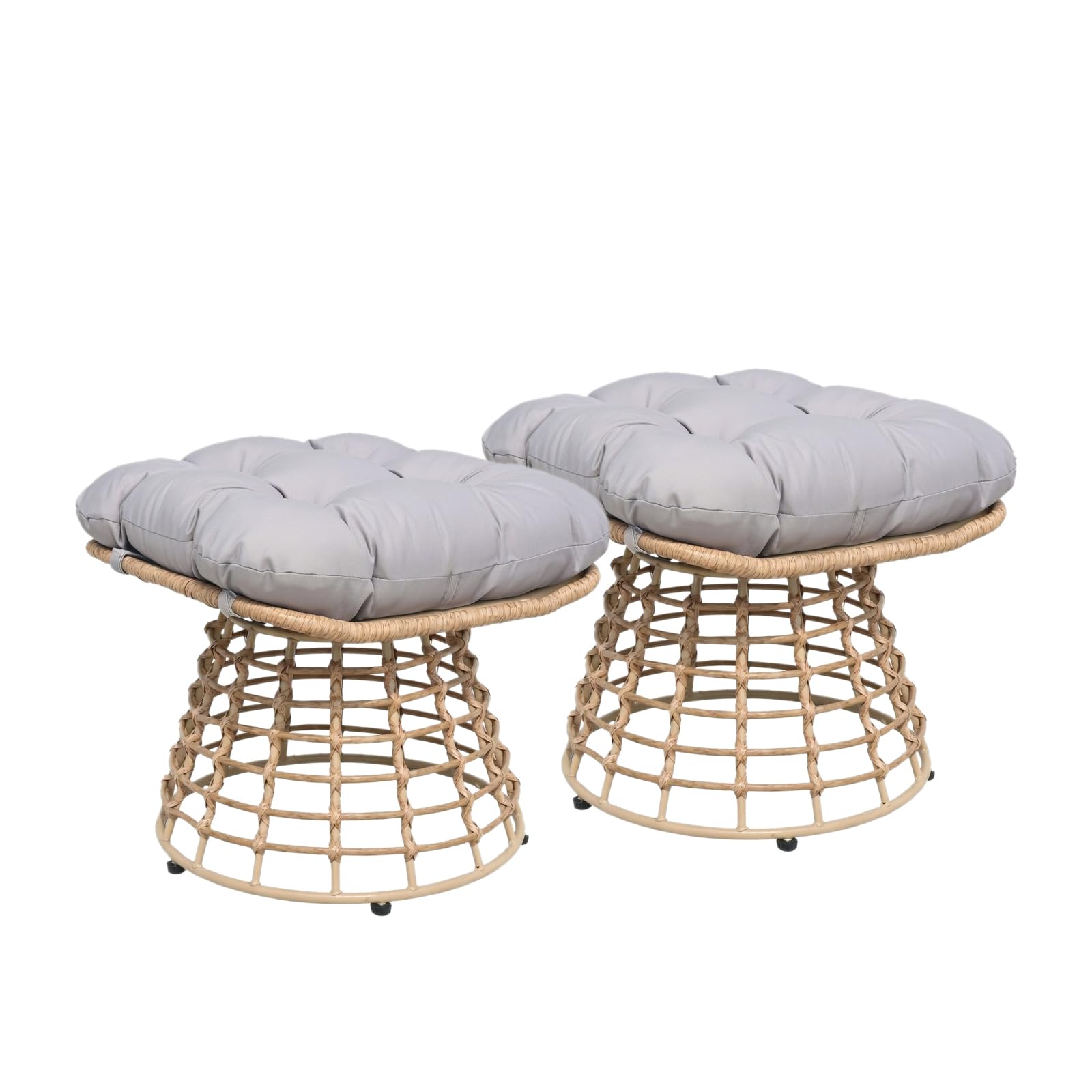 2 Pieces Swivel Outdoor Ottomans for Patio Foot Rest, PE Rattan Wicker Ottoman with Cushions, Outdoor Footstool Footrest Seat, for Patio, Garden, Poolside (2 Piece Ottoman White)