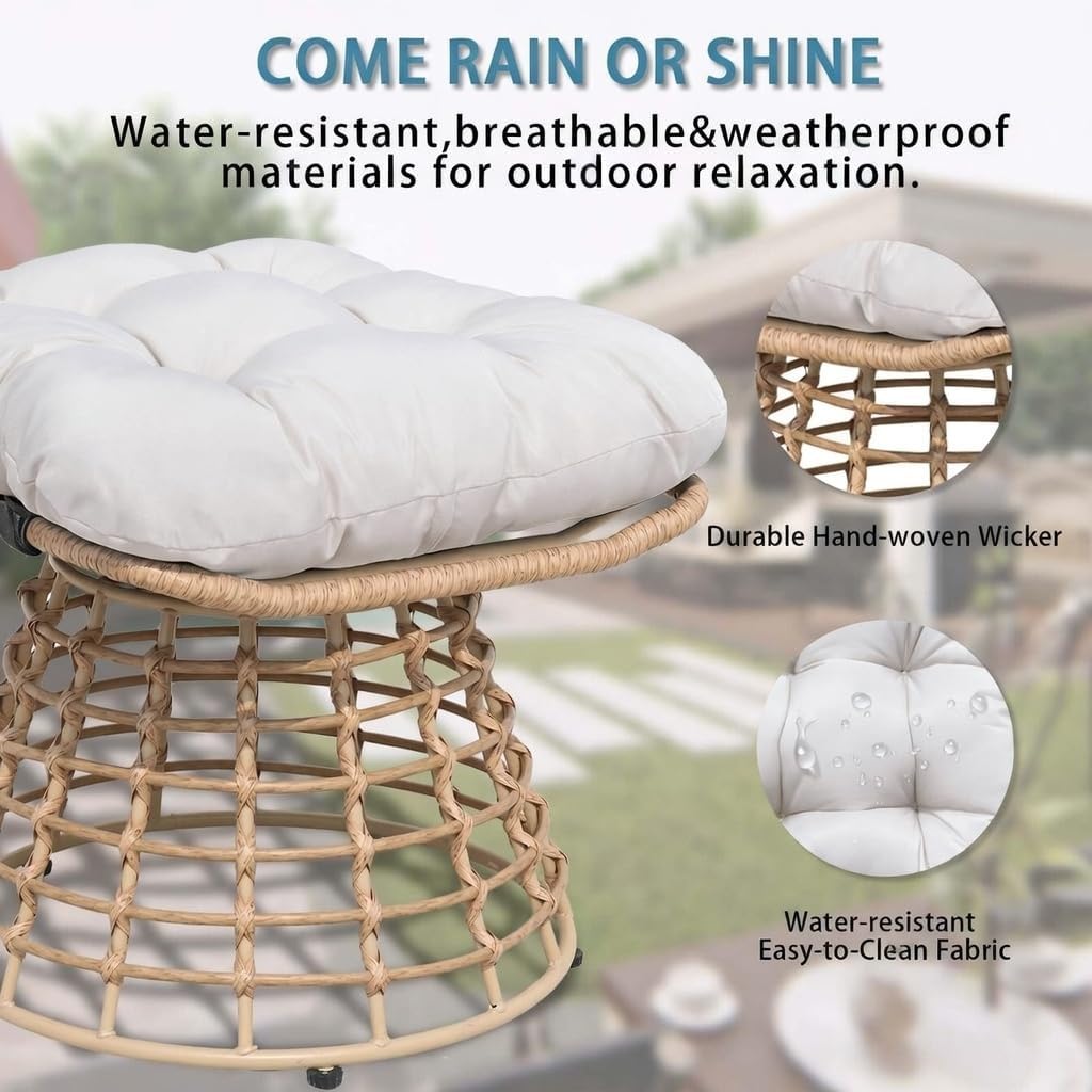 2 Pieces Swivel Outdoor Ottomans for Patio Foot Rest, PE Rattan Wicker Ottoman with Cushions, Outdoor Footstool Footrest Seat, for Patio, Garden, Poolside (2 Piece Ottoman White)