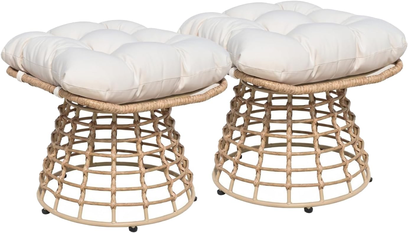 2 Pieces Swivel Outdoor Ottomans for Patio Foot Rest, PE Rattan Wicker Ottoman with Cushions, Outdoor Footstool Footrest Seat, for Patio, Garden, Poolside (2 Piece Ottoman White)