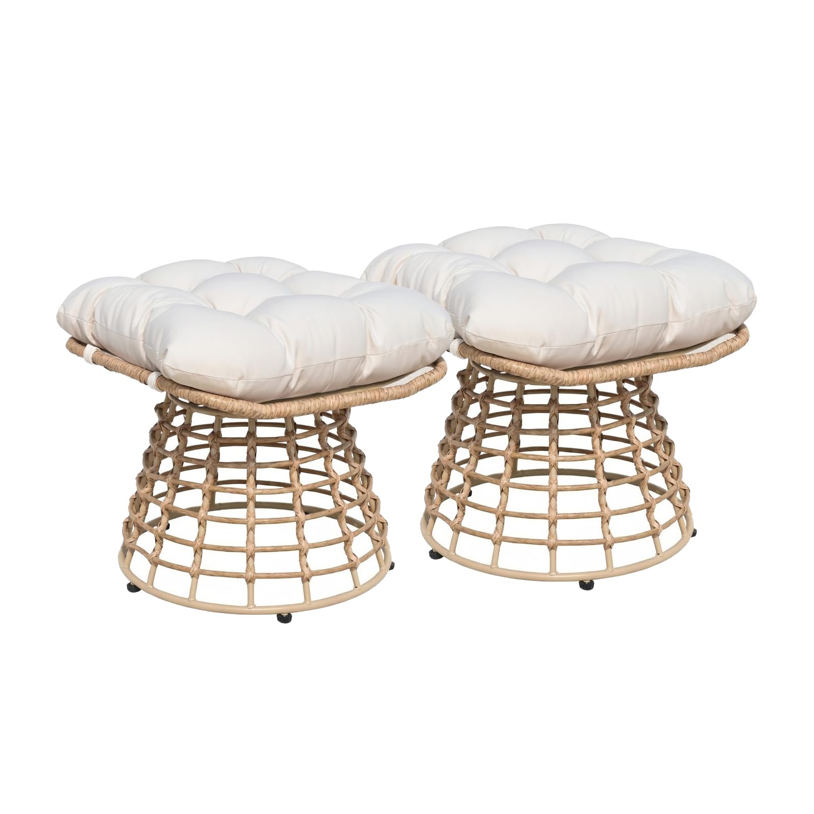 2 Pieces Swivel Outdoor Ottomans for Patio Foot Rest, PE Rattan Wicker Ottoman with Cushions, Outdoor Footstool Footrest Seat, for Patio, Garden, Poolside (2 Piece Ottoman White)