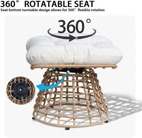 2 Pieces Swivel Outdoor Ottomans for Patio Foot Rest, PE Rattan Wicker Ottoman with Cushions, Outdoor Footstool Footrest Seat, for Patio, Garden, Poolside (2 Piece Ottoman White)