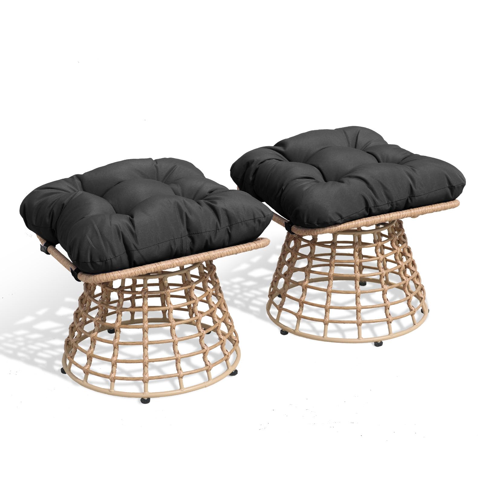 2 Pieces Swivel Outdoor Ottomans for Patio Foot Rest, PE Rattan Wicker Ottoman with Cushions, Outdoor Footstool Footrest Seat, for Patio, Garden, Poolside (2 Piece Ottoman White)