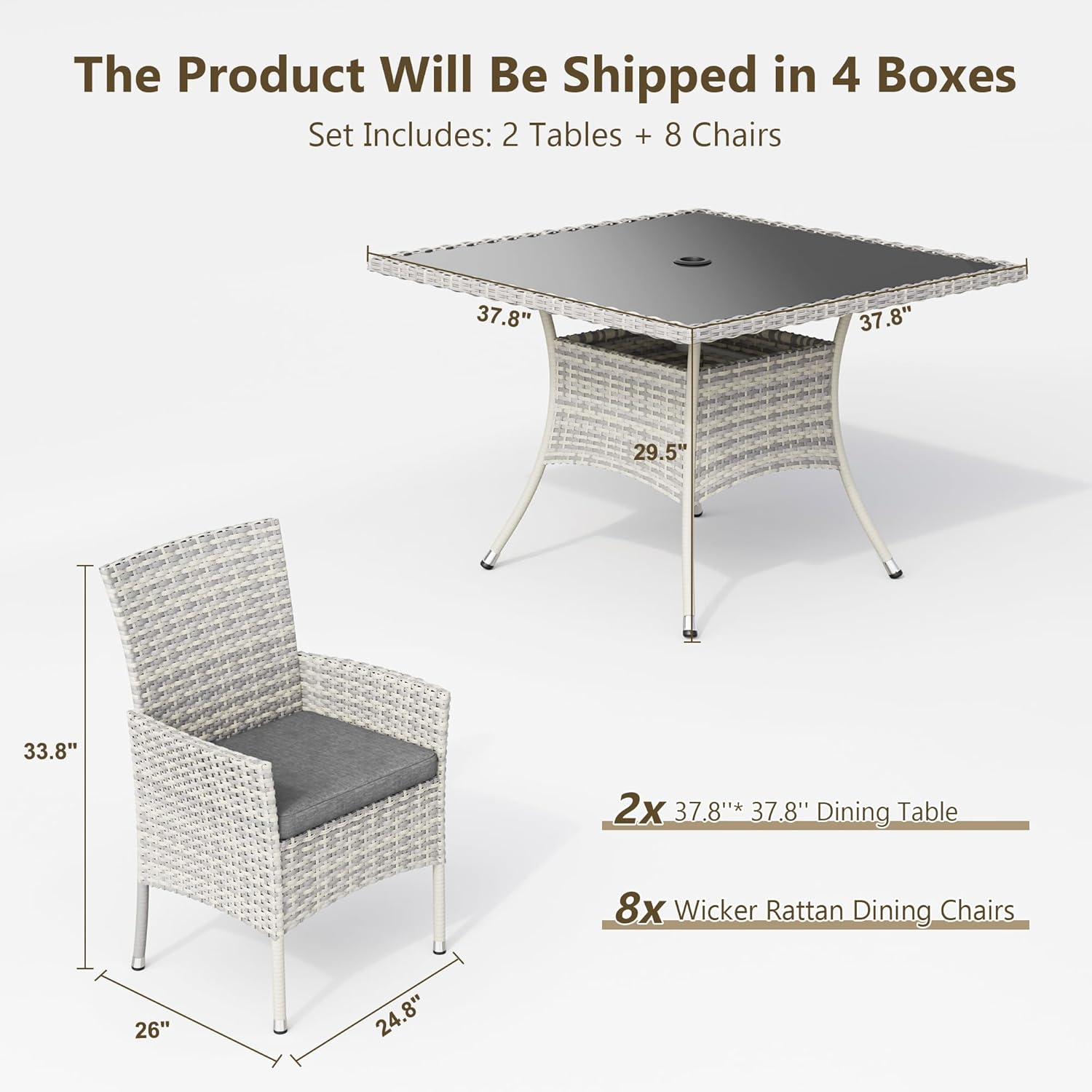 Outdoor Dining Set, 10-Piece Patio Furniture Set with Tempered Glass Table and 8 Cushioned Chairs, Dual-Strand Wicker Rattan, Balcony Furniture for Backyard, Garden, Deck,– Gray