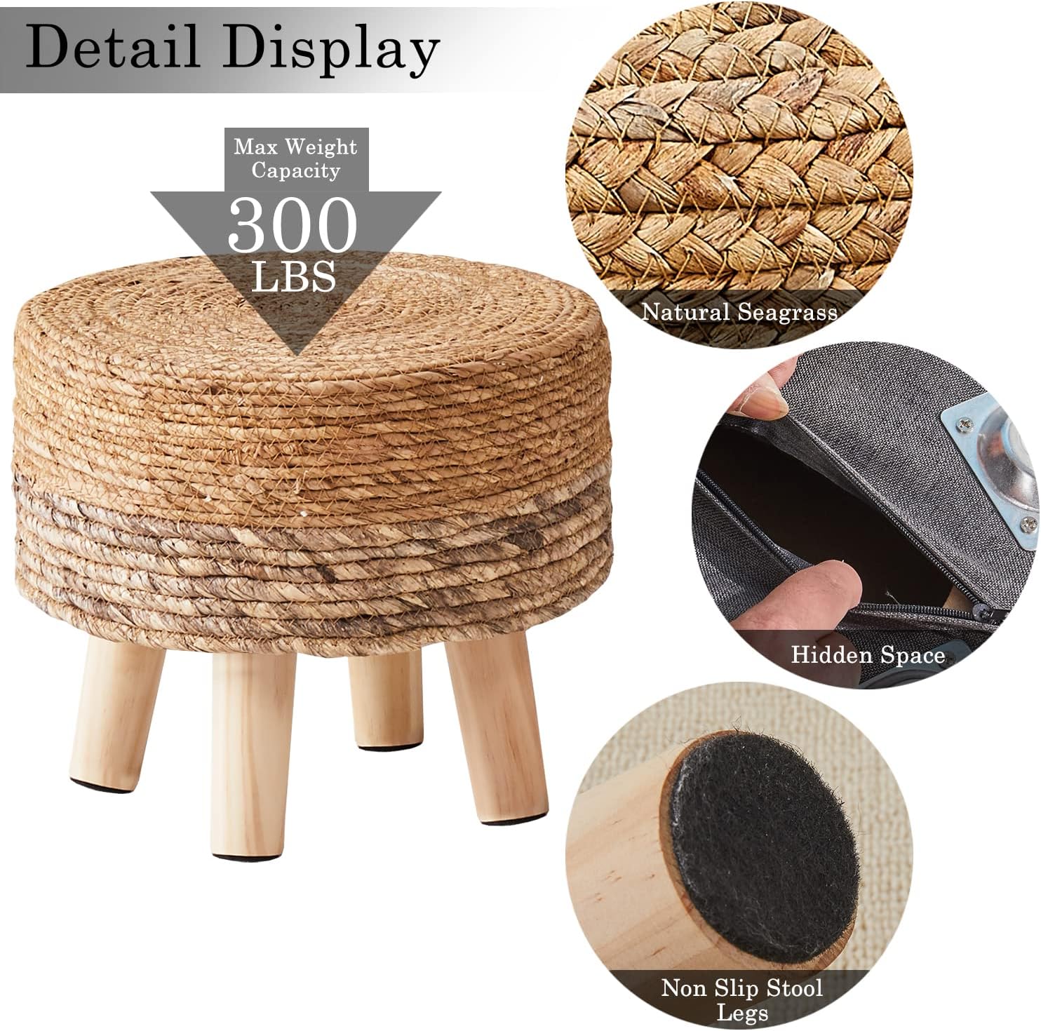 Cpintltr Ottoman Outdoor Sea Grass Stool Poufs Hand Woven Round Foot Stool for Sofa Desk Soft Step Stool Padded Foot Rest Multiple Colors Decorative Furniture Natural/Brown