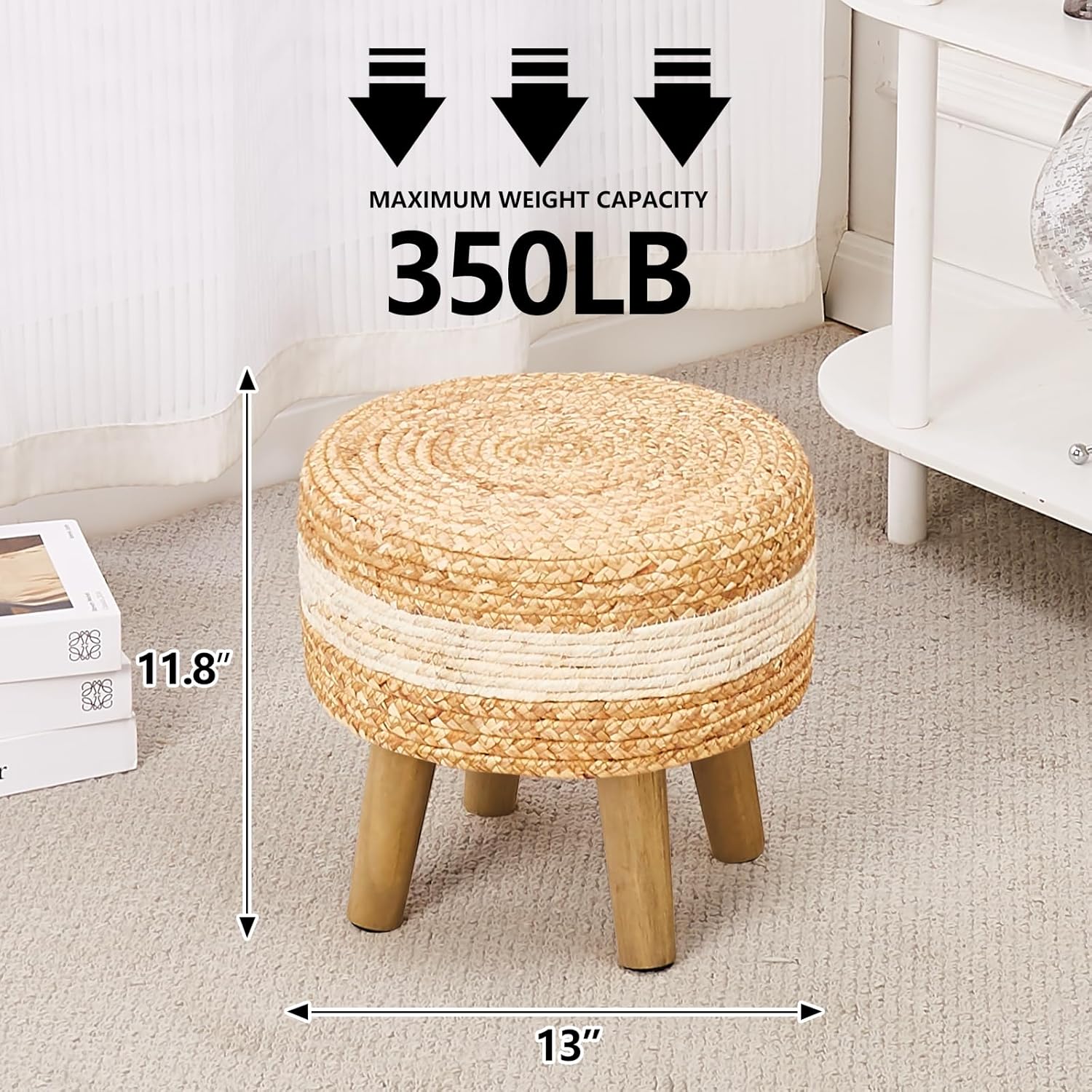 Cpintltr Round Ottoman Natural Seagrass Footstool Hand Weave Water Hyacinth Poufs Eco Friendly Sofa Foot Stool Soft Step Stool Padded Foot Rest with Pine Legs for Living Room (White)