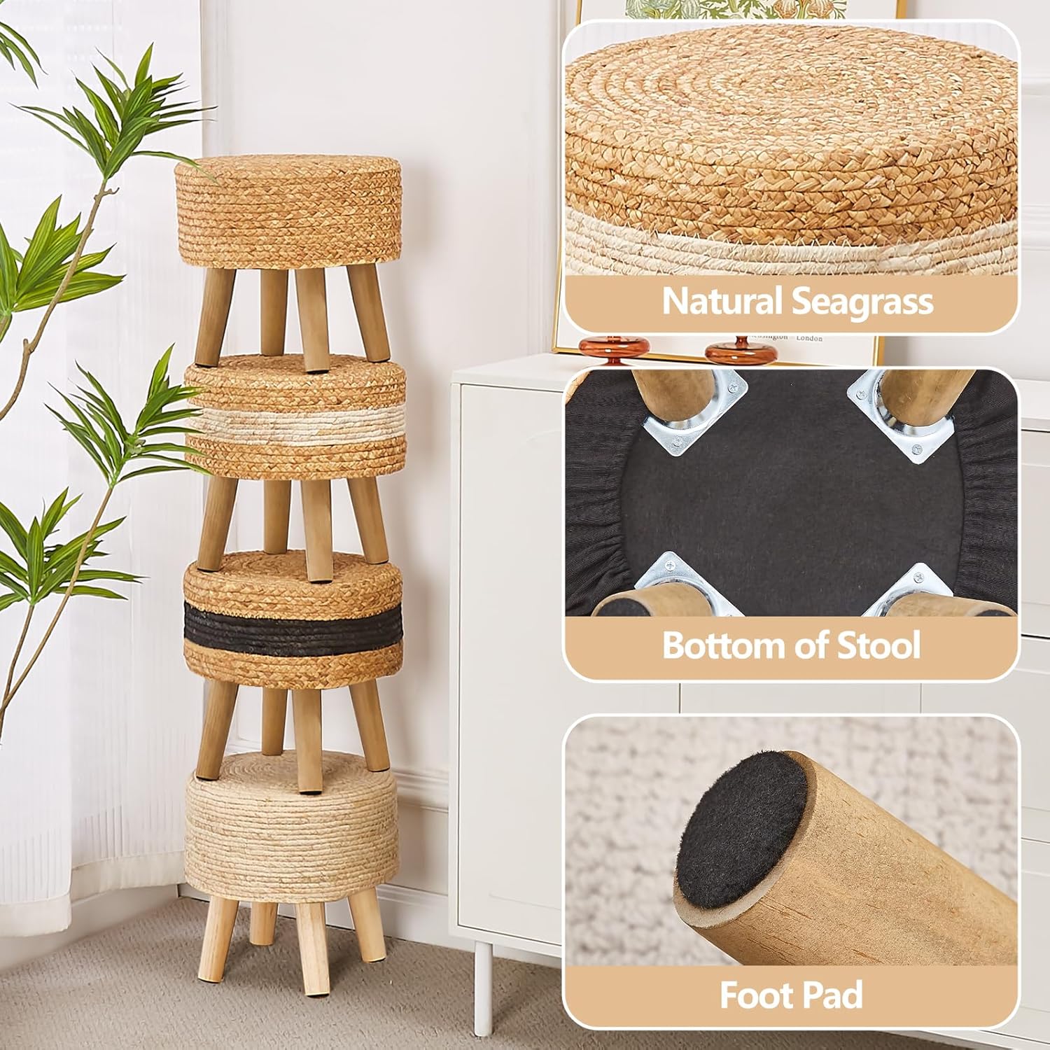 Cpintltr Round Ottoman Natural Seagrass Footstool Hand Weave Water Hyacinth Poufs Eco Friendly Sofa Foot Stool Soft Step Stool Padded Foot Rest with Pine Legs for Living Room (White)