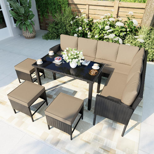 7 Pieces Patio Dining Set with Ottoman, Outdoor Conversation Sets with Glass Dining Table, Black Wicker Rattan Sectional Seating Sofa Group Furniture for Outside, Balcony, Garden, Khaki Cushions