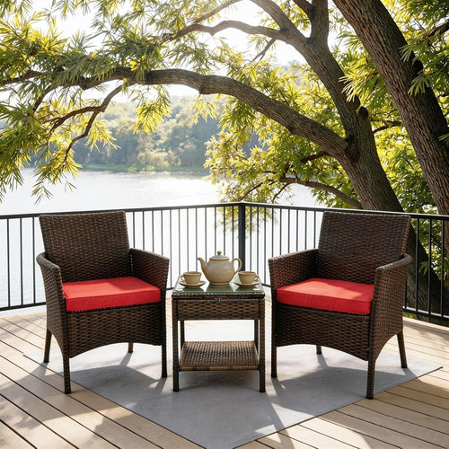 3 Piece Patio Furniture Set Outdoor PE Rattan Wicker Chair with Soft Cushion and Glass Coffee Table for Garden Backyard Porch Poolside (Brown/Red)