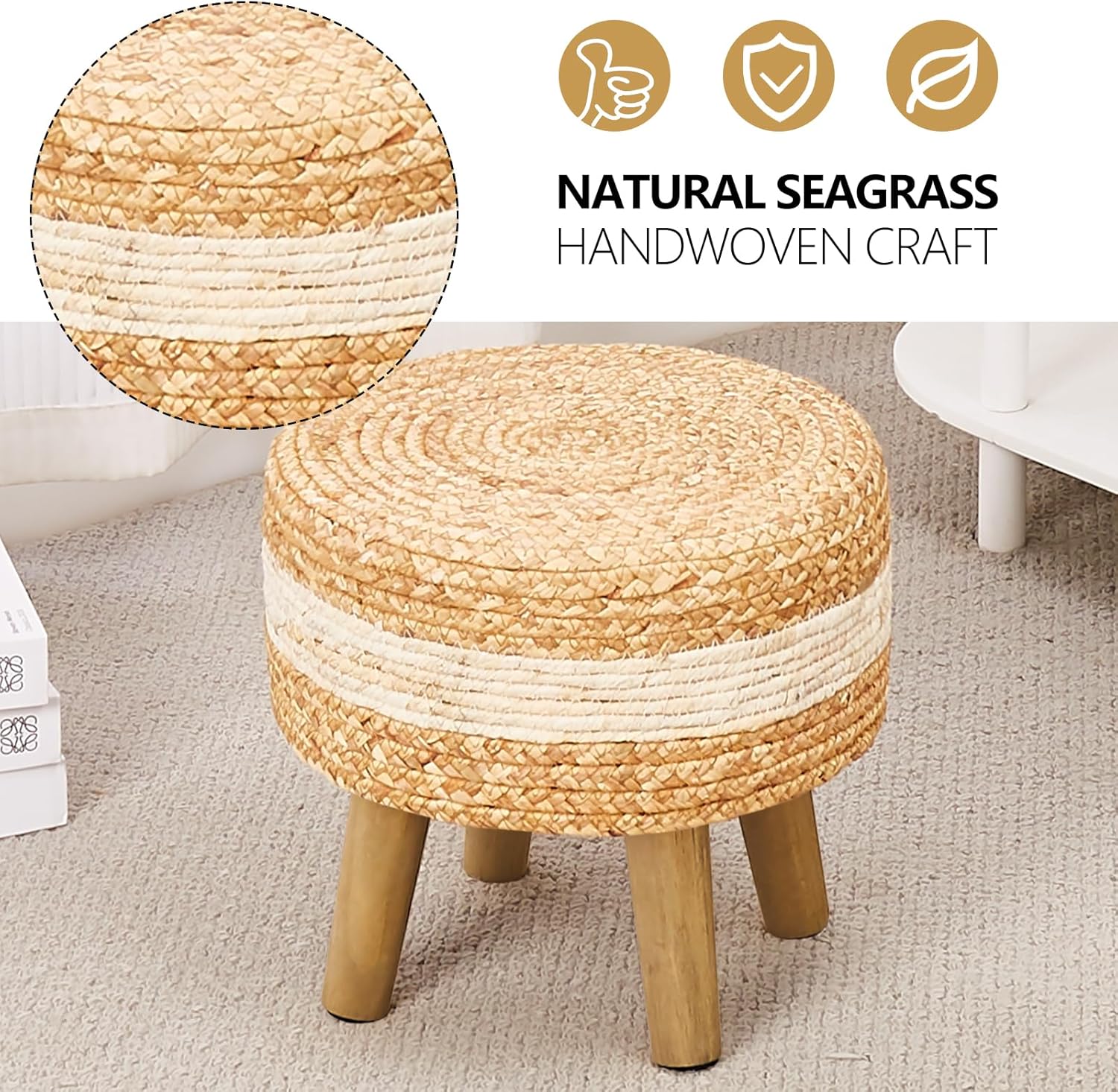 Cpintltr Round Ottoman Natural Seagrass Footstool Hand Weave Water Hyacinth Poufs Eco Friendly Sofa Foot Stool Soft Step Stool Padded Foot Rest with Pine Legs for Living Room (White)