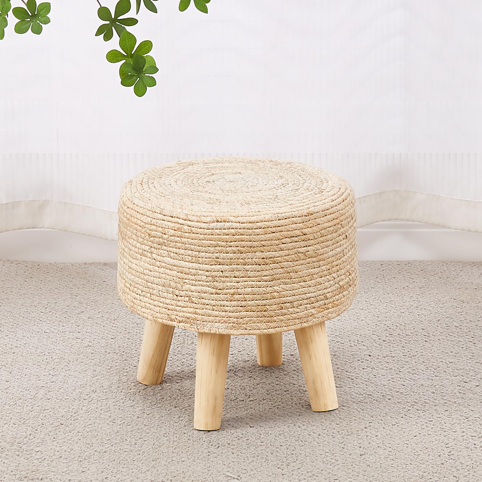 Cpintltr Round Ottoman Natural Seagrass Footstool Hand Weave Water Hyacinth Poufs Eco Friendly Sofa Foot Stool Soft Step Stool Padded Foot Rest with Pine Legs for Living Room (White)