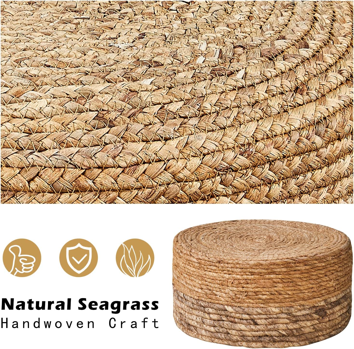 Cpintltr Ottoman Outdoor Sea Grass Stool Poufs Hand Woven Round Foot Stool for Sofa Desk Soft Step Stool Padded Foot Rest Multiple Colors Decorative Furniture Natural/Brown