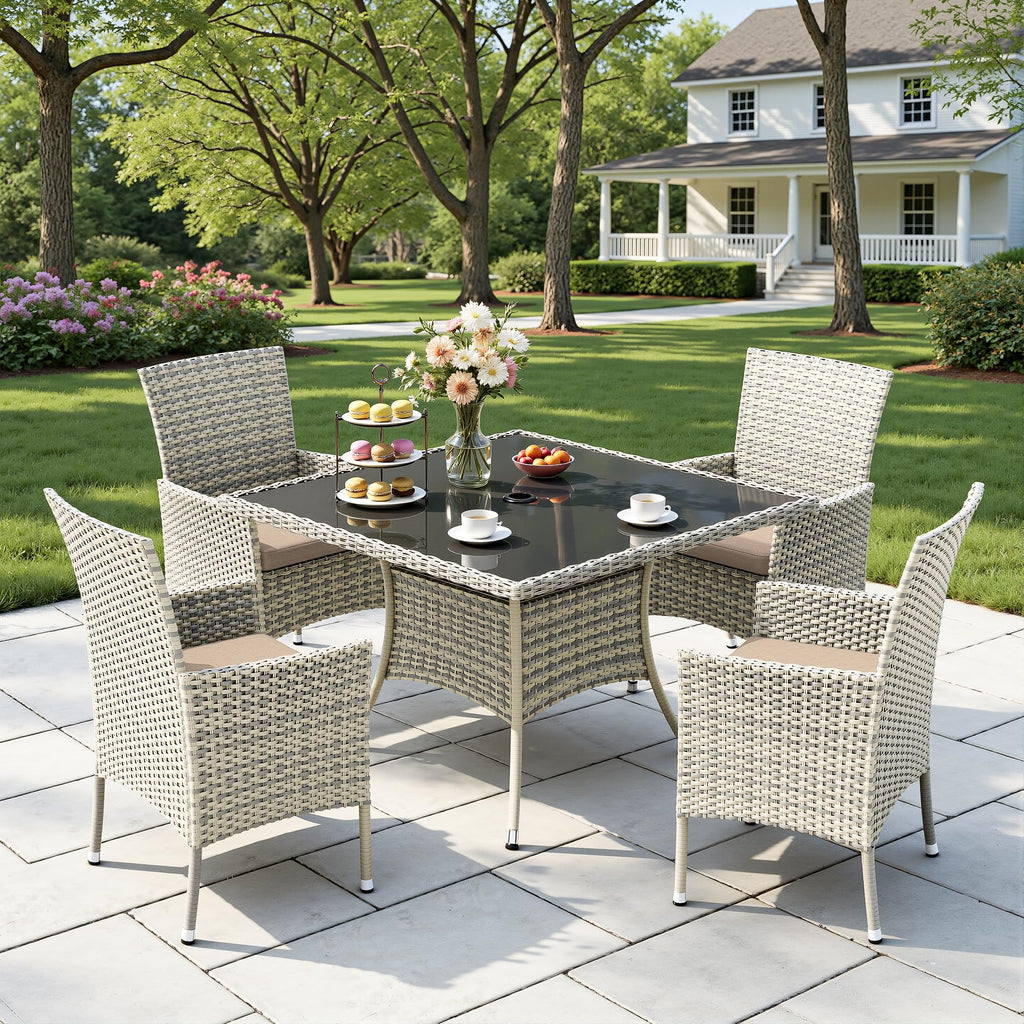Outdoor Dining Set, 10-Piece Patio Furniture Set with Tempered Glass Table and 8 Cushioned Chairs, Dual-Strand Wicker Rattan, Balcony Furniture for Backyard, Garden, Deck,– Gray
